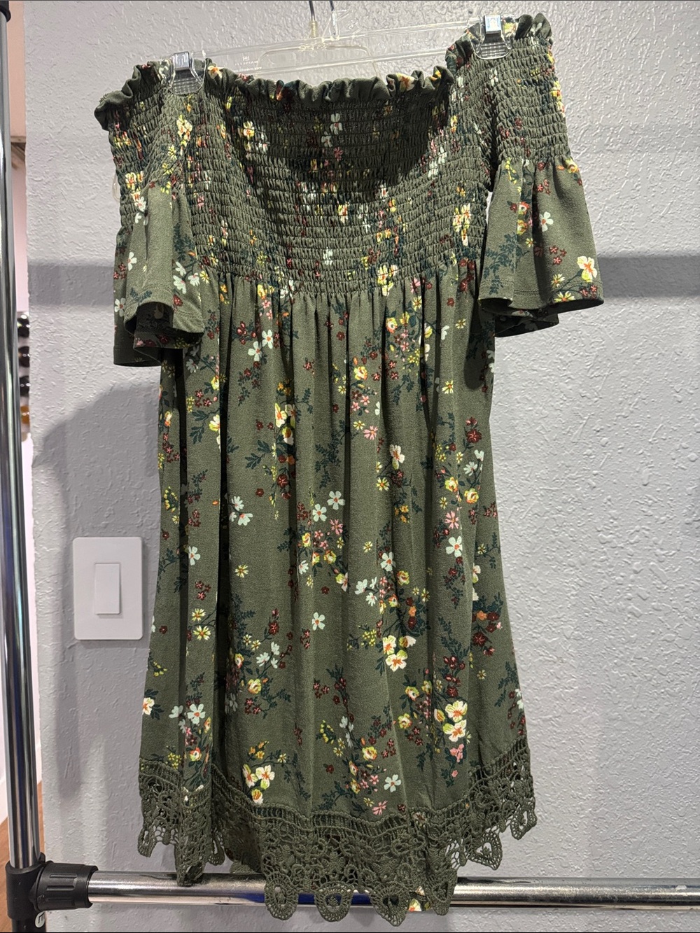 Xhilaration Olive Green Floral Off-Shoulder Mini Dress